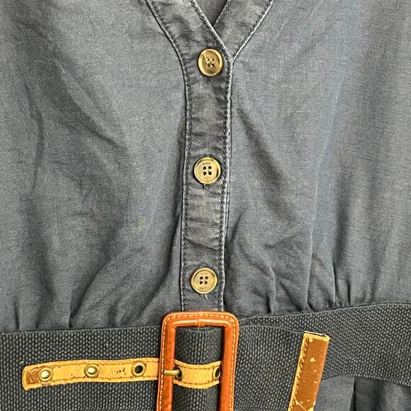 Mango Linen Navy Blue Short Sleeve V Neck Belted Knee Length Preppy Money Dress - Picture 6 of 11